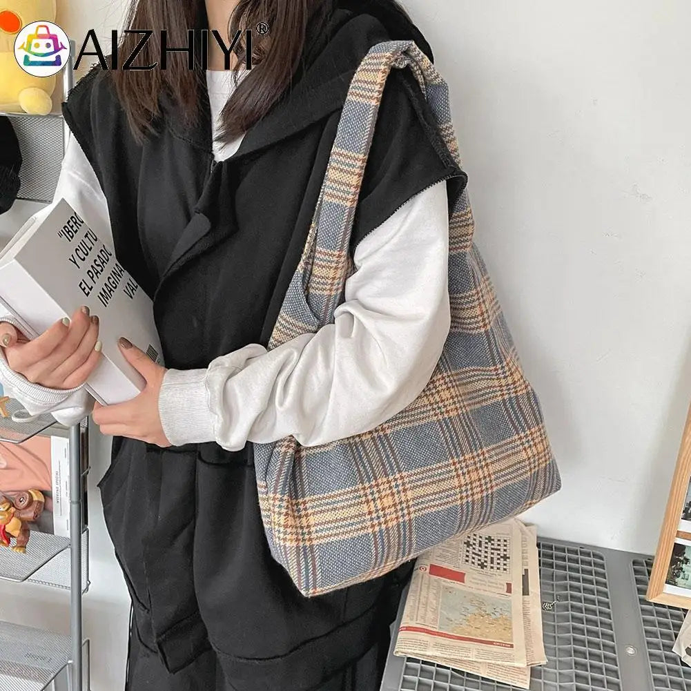 Leisure Women Plaid Canvas Shoulder Bag Ladies Casual