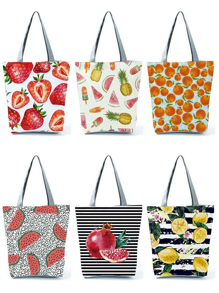 Lemon Printed Handbags Eco Reusable High Capacity Women Striped Shopping Bag