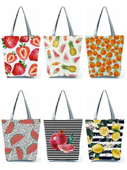 Lemon Printed Handbags Eco Reusable High Capacity Women Striped Shopping Bag