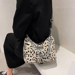 Leopard Winter Plush Shoulder Messenger Bag Chain Handbag