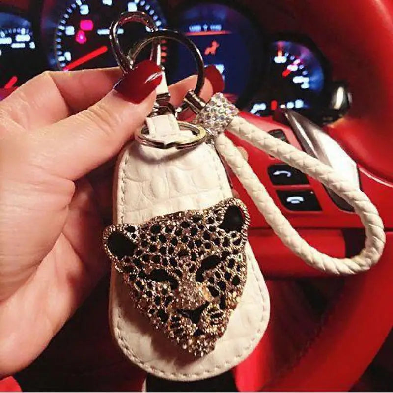 Leopard Head Car Key Bag Wool Ball Key Protective Case