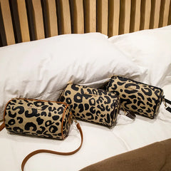 Leopard Messenger Bag Embroidery Drum Bag Women Shoulder Cross