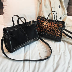Leopard Pattern Boston Handbag Leather Shoulder Messenger Bag Zipper Rivets