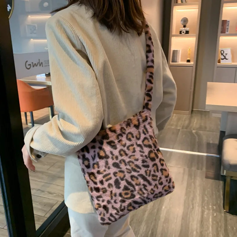 Leopard Fluffy Shoulder Bag Women Large Capacity Messenger Crossbody Long Strap