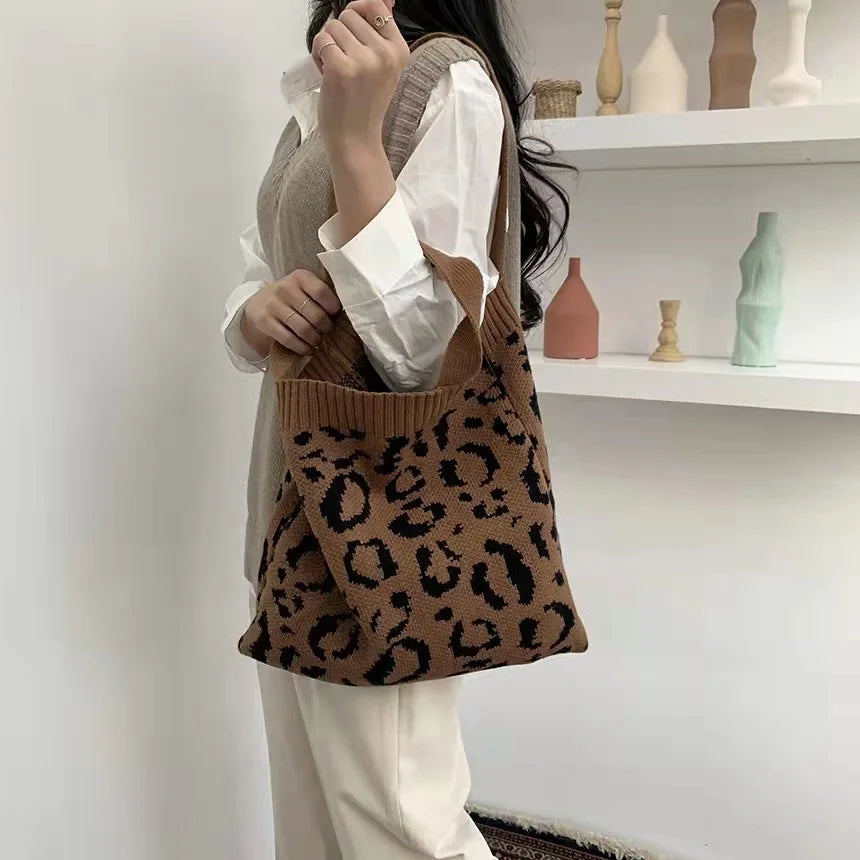 Leopard Print Retro Knitted Shoulder Bag Large-capacity Handbag