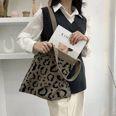 Leopard Print Retro Knitted Shoulder Bag Large-capacity Handbag