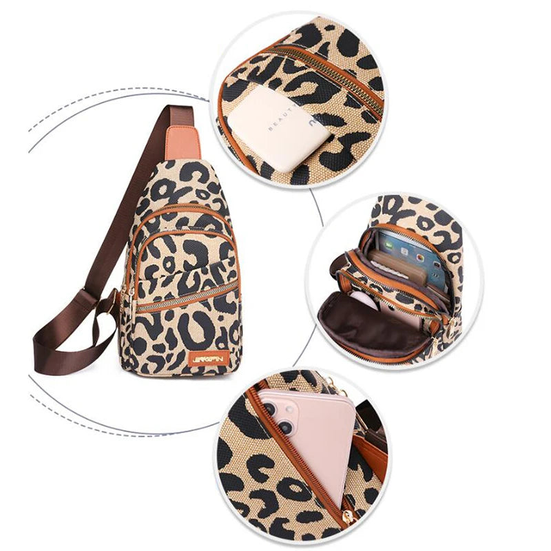 Leopard Print Sling Bag Leather Shoulder Multi-Pockets Headphone Hole