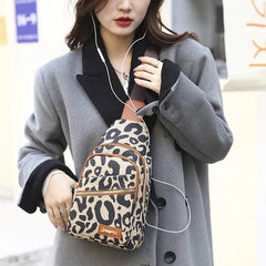 Leopard Print Sling Bag Leather Shoulder Multi-Pockets Headphone Hole