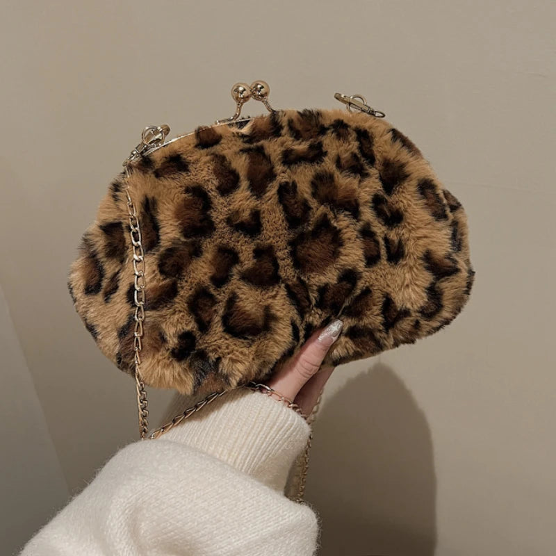 Leopard Print Fluffy Shoulder Crossbody Bag Cow Pattern Handbag