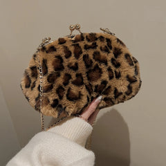 Leopard Print Fluffy Shoulder Crossbody Bag Cow Pattern Handbag