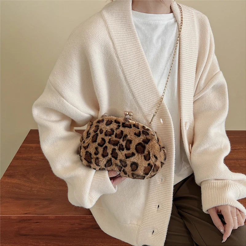 Leopard Print Fluffy Shoulder Crossbody Bags Woman Cow Pattern Handbags