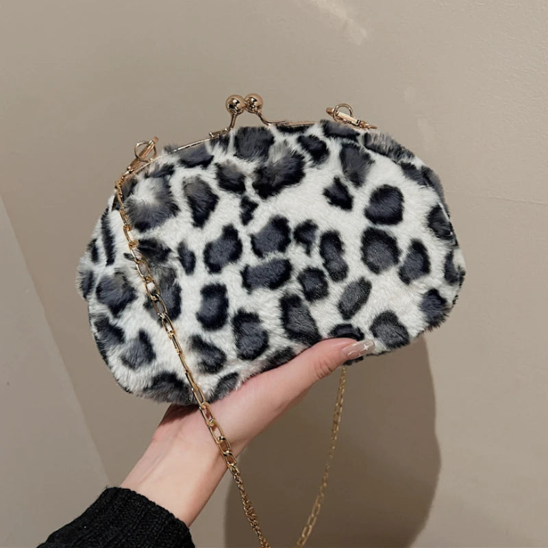 Leopard Print Fluffy Shoulder Crossbody Bags Woman Cow Pattern Handbags
