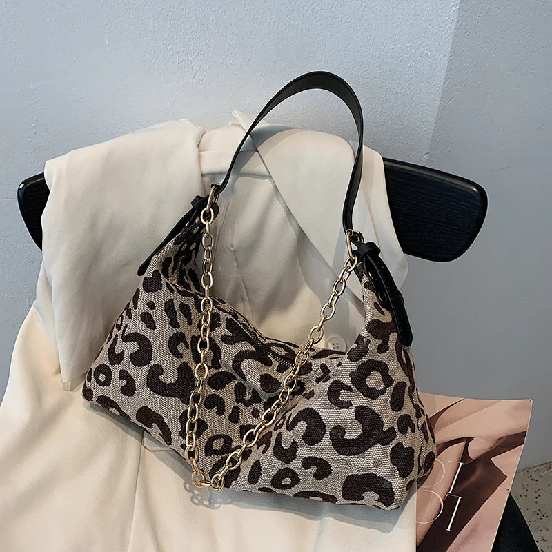 Leopard Print Nylon Underarm Chain Shoulder Tote Bag