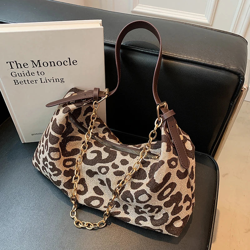 Leopard Print Nylon Underarm Chain Shoulder Tote Bag