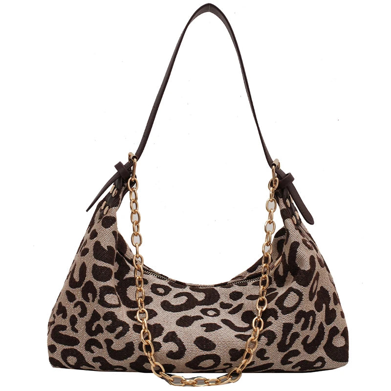 Leopard Print Nylon Underarm Chain Shoulder Tote Bag