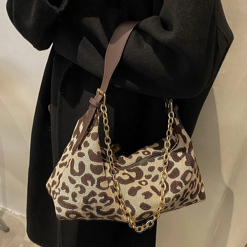 Leopard Print Nylon Underarm Chain Shoulder Tote Bag