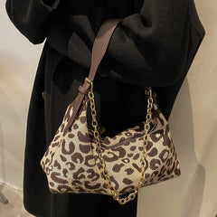 Leopard Print Nylon Underarm Chain Shoulder Tote Bag