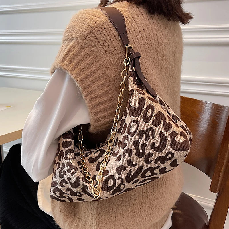 Leopard Print Nylon Underarm Chain Shoulder Tote Bag