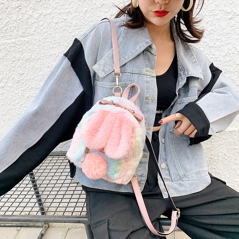 Leopard Print Mini Backpack Plush Bags Travel Chain Bookbag