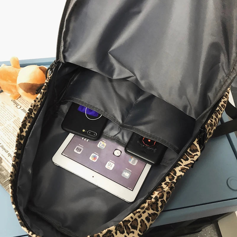 Leopard Printing Backpack Canvas Travel Bag Large Capacity Shoulder Rucksack