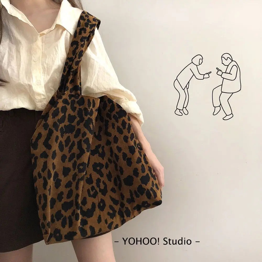Leopard Shoulder Bags Women Large Capacity Corduroy Travel Storage Tote Bag