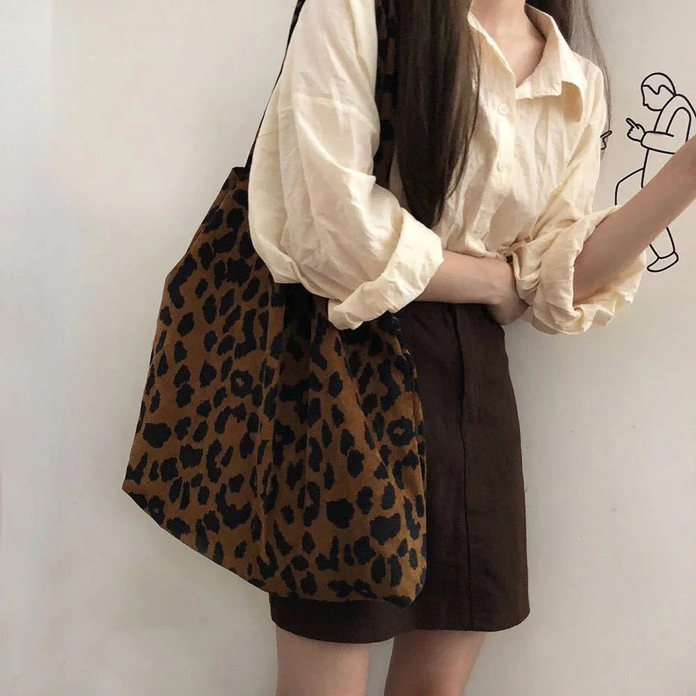 Leopard Shoulder Bags Women Large Capacity Corduroy Travel Storage Tote Bag