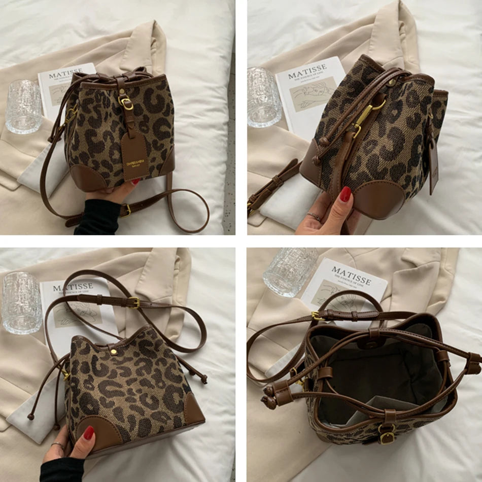 Leopard Small PU Leather Women Bucket Crossbody Bag Fall Lady Handbag