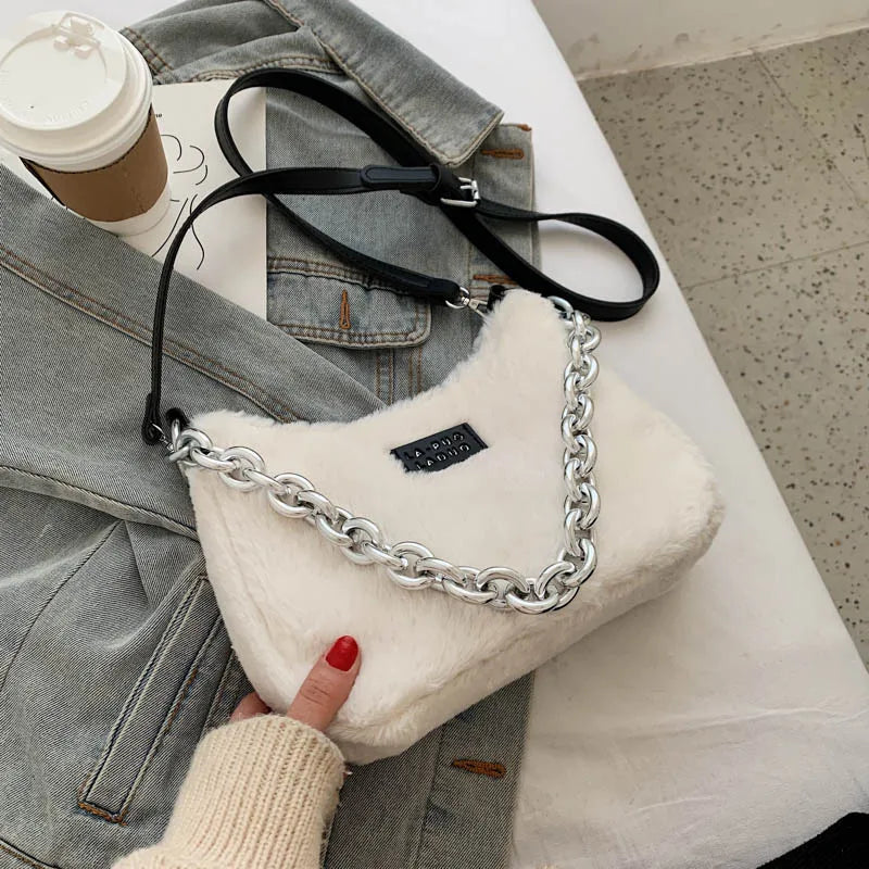 Leopard Stripes Small Faux Fur Tote Bag Women Winter Crossbody Handbags