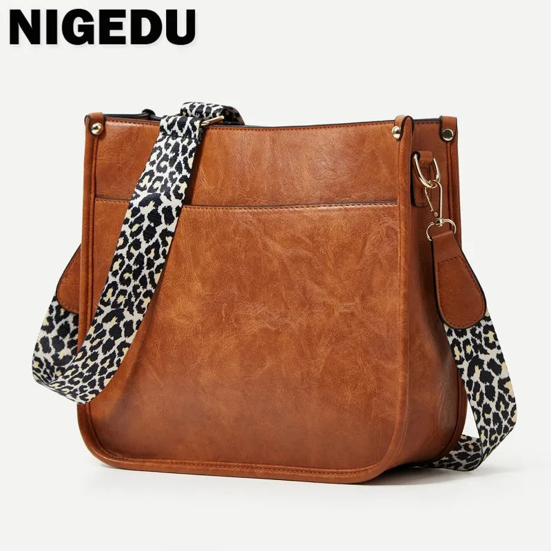 Leopard Wide Strap Women Crossbody Bag Large Capacity PU Leather Shoulder Messen