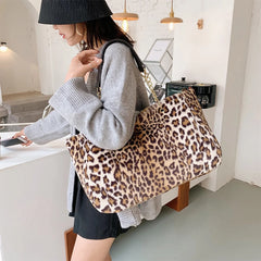 Leopard Women's Handbag Large Capacity Shoulder Bags Winter Plush