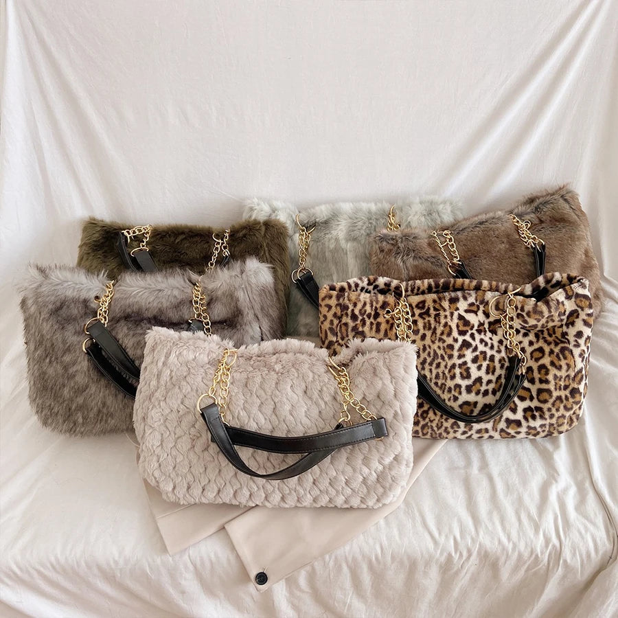 Leopard Women's Handbag Large Capacity Shoulder Bags Winter Plush