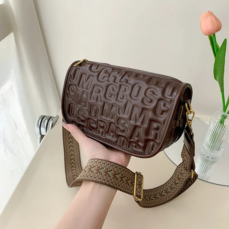 Embossed Women's Crossbody Bag Wide Strap Shoulder Bag Leather Handbag