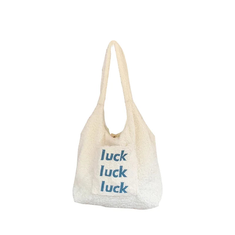 Letter Embroidery Plush Shoulder Bag Faux Lamb Wool Female Tote Handbag