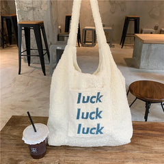 Letter Embroidery Plush Shoulder Bag Faux Lamb Wool Female Tote Handbag