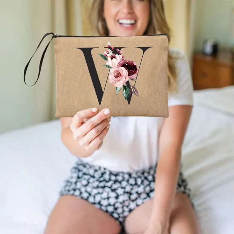 Flower Linen Wristlet Clutch Bag Travel Organizer Case