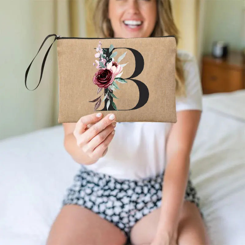 Flower Linen Wristlet Clutch Bag Travel Organizer Case