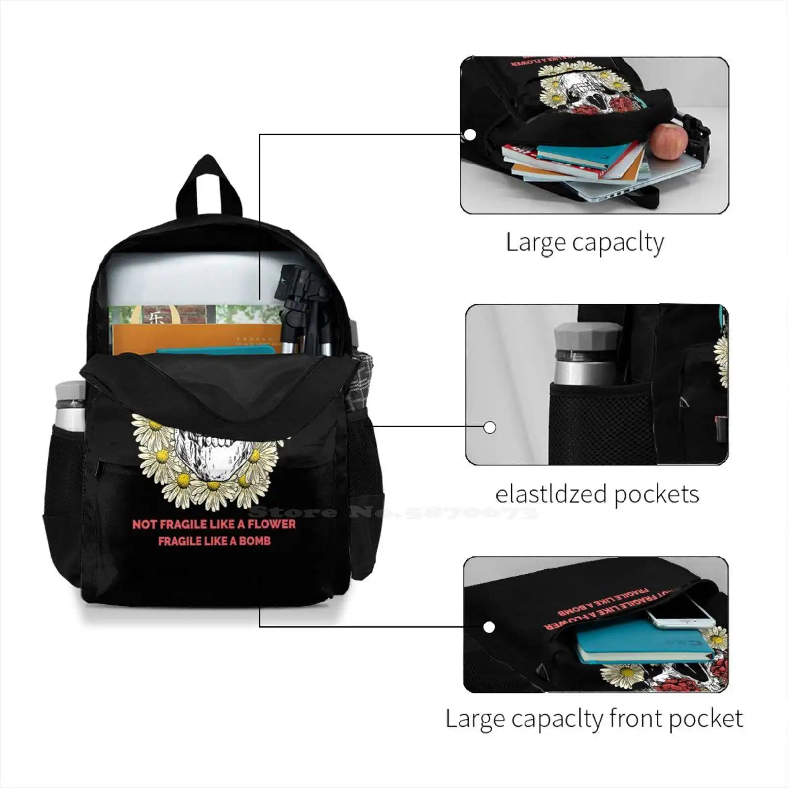 Skull Flower Fragile Like Flower Backpack for Men Women