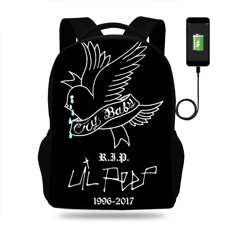 Lil Peep Backpack School Bag USB Travel Knapsack Mochila