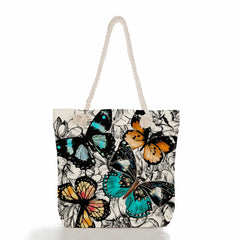 Summer Floral Butterfly Print Linen Tote Bag Women Handbag