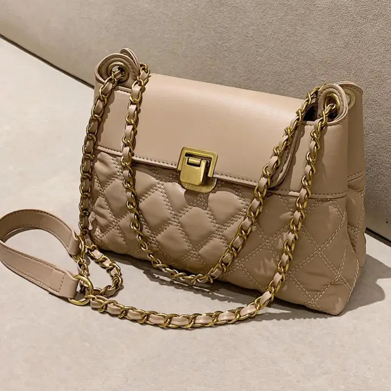 Lingge Chain Large Capacity Shoulder Bag for Women Winter Pu Messenger Bag