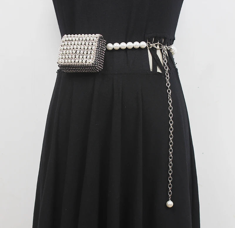 Bling Rhinestone Mini Waist Pack w/ Metal Chain Belt