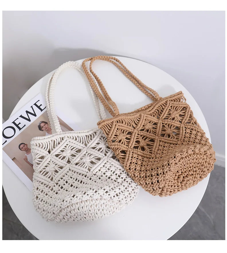 Women's Single Shoulder Woven Bag with Hollow Straw Design