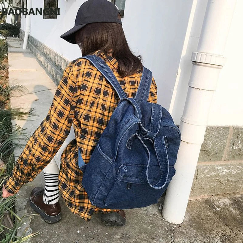 Denim College Backpack for Women, Small Fresh Art Style