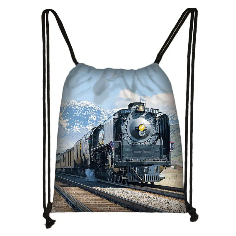 Locomotive Steam Train Backpack Kids School Bag Boys Girls Drawstring Bag