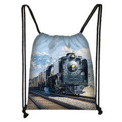 Locomotive Steam Train Backpack Kids School Bag Boys Girls Drawstring Bag