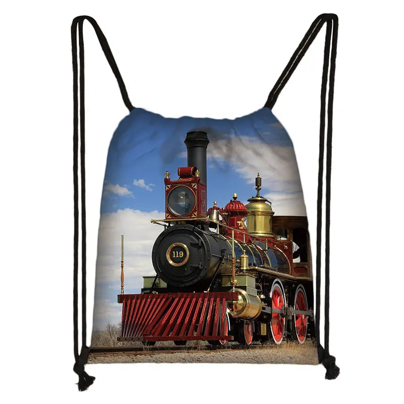 Locomotive Steam Train Backpack Kids School Bag Boys Girls Drawstring Bag