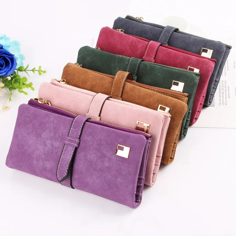 Nubuck Leather Zipper Suede Women Wallet Clutch Bag