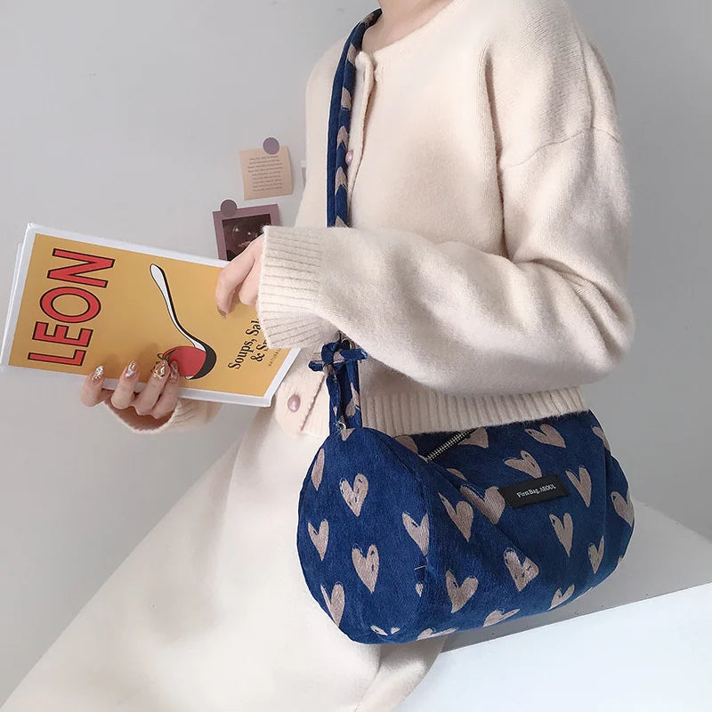 Corduroy Bucket Shoulder Bag - Love Heart Pattern