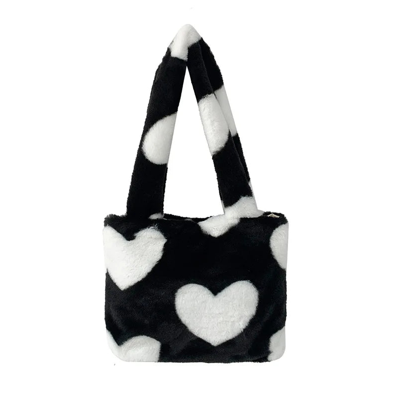 Love Pattern Plush Shoulder Bag Y2k Girls Underarm Bags