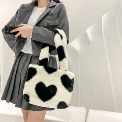 Love Pattern Plush Shoulder Bag Y2k Girls Underarm Bags